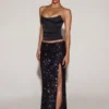 Nevara Embellished Mid-Rise Thigh-Split Maxi Skirt in Black Purple