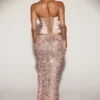 Nevara Embellished Mid-Rise Thigh-Split Maxi Skirt in Rose Gold