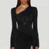 Nevina Embellished Asymmetric Bodycon Mini Dress in Black