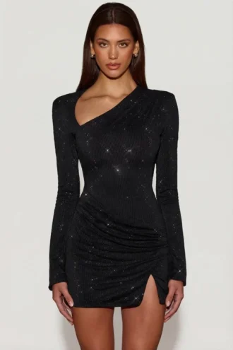 Nevina Embellished Asymmetric Bodycon Mini Dress in Black