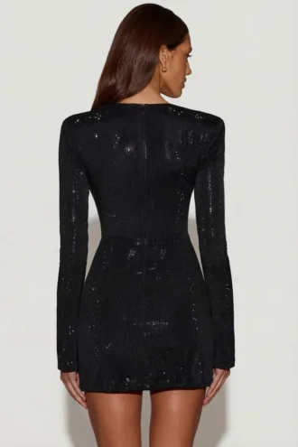 Nevina Embellished Asymmetric Bodycon Mini Dress in Black