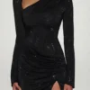 Nevina Embellished Asymmetric Bodycon Mini Dress in Black