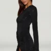 Nevina Embellished Asymmetric Bodycon Mini Dress in Black