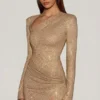 Nevina Embellished Asymmetric Bodycon Mini Dress in Gold