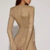Nevina Embellished Asymmetric Bodycon Mini Dress in Gold