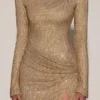 Nevina Embellished Asymmetric Bodycon Mini Dress in Gold