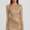 Nevina Embellished Asymmetric Bodycon Mini Dress in Gold