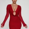 Nice Long Sleeve Deep Plunge Mini Dress in Red