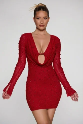 Nice Long Sleeve Deep Plunge Mini Dress in Red
