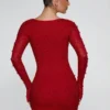 Nice Long Sleeve Deep Plunge Mini Dress in Red