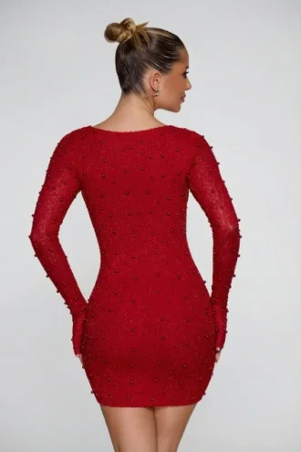 Nice Long Sleeve Deep Plunge Mini Dress in Red