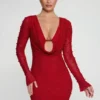 Nice Long Sleeve Deep Plunge Mini Dress in Red