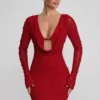 Nice Long Sleeve Deep Plunge Mini Dress in Red