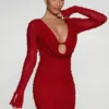 Nice Long Sleeve Deep Plunge Mini Dress in Red