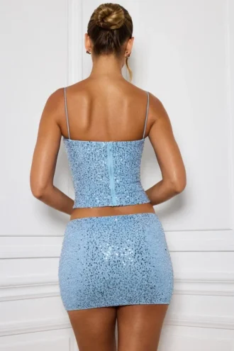 Nilsu Embellished Mid-Rise Micro Mini Skirt in Light Blue