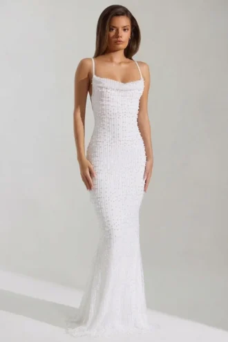 Nivalis Embellished Cowl-Neck Backless Maxi Dress in White