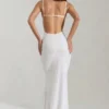Nivalis Embellished Cowl-Neck Backless Maxi Dress in White