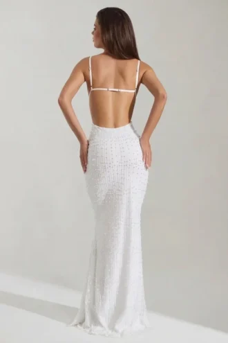 Nivalis Embellished Cowl-Neck Backless Maxi Dress in White