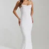 Nivalis Embellished Cowl-Neck Backless Maxi Dress in White