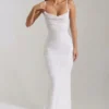 Nivalis Embellished Cowl-Neck Backless Maxi Dress in White