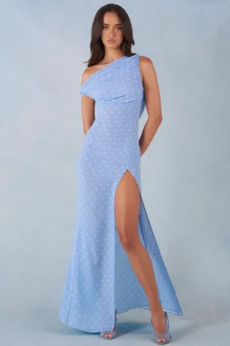 Nivara One-Shoulder Maxi Dress in Blue Polka Dot Print