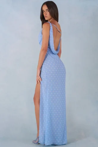Nivara One-Shoulder Maxi Dress in Blue Polka Dot Print