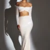 Adele Velvet Off-Shoulder Ruched Crop Top in Ivory