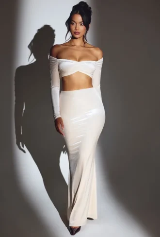 Nixie Velvet Mid-Rise Maxi Skirt in Ivory