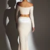 Adele Velvet Off-Shoulder Ruched Crop Top in Ivory
