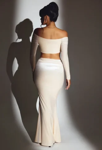 Adele Velvet Off-Shoulder Ruched Crop Top in Ivory