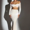 Adele Velvet Off-Shoulder Ruched Crop Top in Ivory