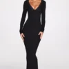 Noa Ribbed Modal Long-Sleeve Plunge Maxi Dress in Black
