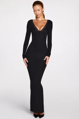 Noa Ribbed Modal Long-Sleeve Plunge Maxi Dress in Black