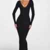 Noa Ribbed Modal Long-Sleeve Plunge Maxi Dress in Black