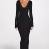 Noa Ribbed Modal Long-Sleeve Plunge Maxi Dress in Black