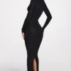 Noa Ribbed Modal Long-Sleeve Plunge Maxi Dress in Black