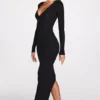 Noa Ribbed Modal Long-Sleeve Plunge Maxi Dress in Black