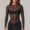 Noel Sheer Embellished High-Neck Long Sleeve Mini Dress in Black