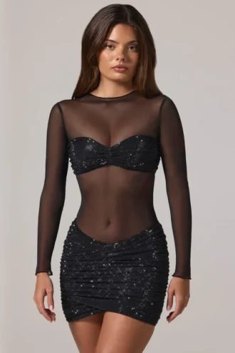 Noel Sheer Embellished High-Neck Long Sleeve Mini Dress in Black