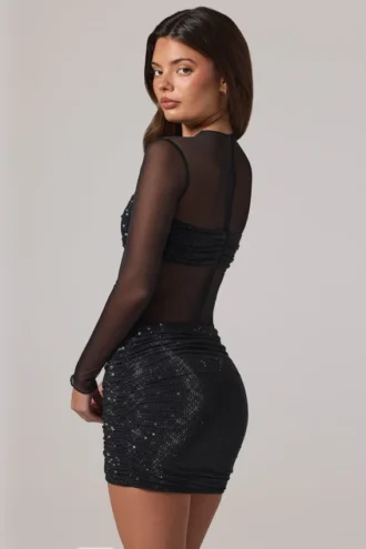 Noel Sheer Embellished High-Neck Long Sleeve Mini Dress in Black