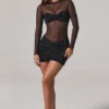 Noel Sheer Embellished High-Neck Long Sleeve Mini Dress in Black