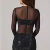 Noel Sheer Embellished High-Neck Long Sleeve Mini Dress in Black