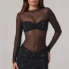 Noel Sheer Embellished High-Neck Long Sleeve Mini Dress in Black