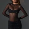 Noel Sheer Embellished High-Neck Long Sleeve Mini Dress in Black