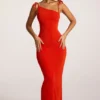 Noelia Textured Jersey Open Back Maxi Dress in Fiery Red