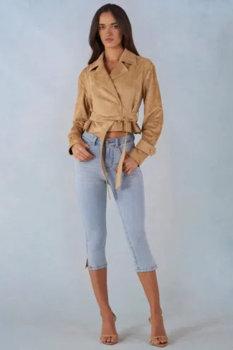 Noelie Faux Suede Cropped Belted Jacket in Tan