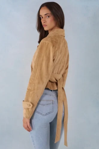 Noelie Faux Suede Cropped Belted Jacket in Tan