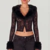 Noemy Sheer Lace Faux-Fur-Trim Cardigan in Black