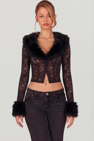 Noemy Sheer Lace Faux-Fur-Trim Cardigan in Black