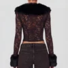 Noemy Sheer Lace Faux-Fur-Trim Cardigan in Black